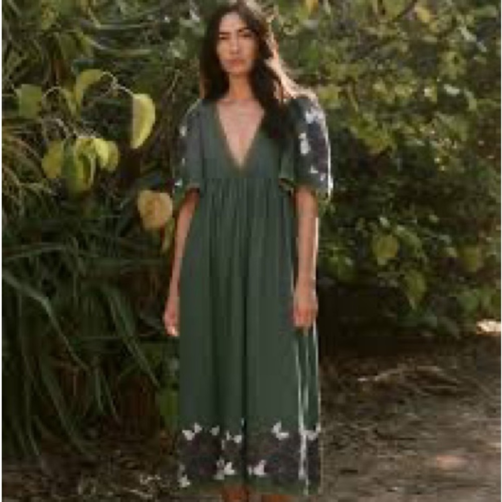 THE GREAT. Green Floral Maxi Dress